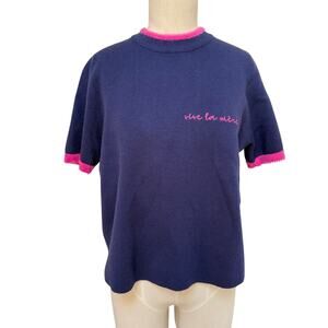 BURU Blue and Pink Vive la Mere Short Sleeve Sweater Large NWOT